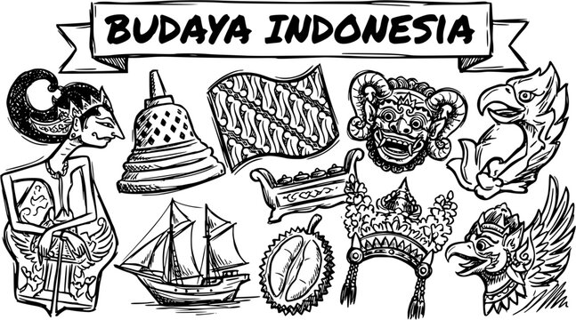Indonesian Culture Icons and Elements Hand-drawn Black and White Line Art Sketch Illustration - Travel and Heritage Collection