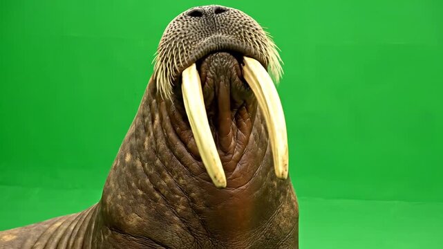 Close-up shot of a walrus's face with long tusks and whiskers against a vibrant green screen background.