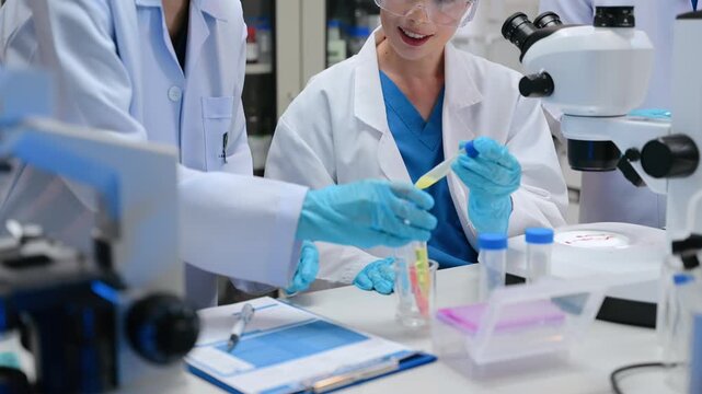 Young scientists conducting research investigations in a medical laboratory, a researcher in the foreground is using a microscope in laboratory for medicine.