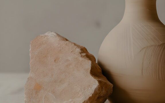 Close up of unglazed pottery jar and rough stone texture, elegant neutral background