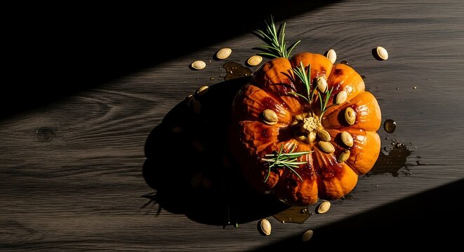 Roasted whole pumpkin with rosemary and seeds on dark wooden table