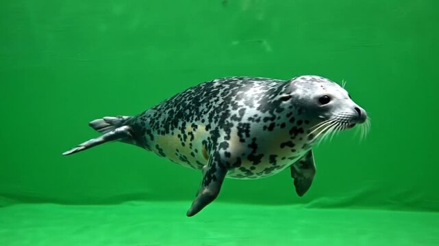 A spotted harbor seal gracefully swims underwater in a vibrant green aquatic environment.