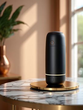 Sleek, futuristic black capsule-shaped container with a golden ring sits on a marble table near a vase with leaves.