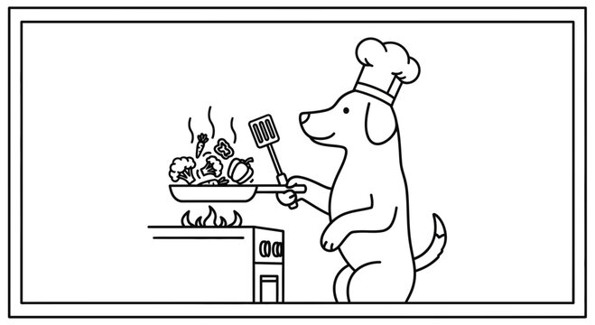 Cute dog chef cooking vegetables in a pan on a stove, line art illustration