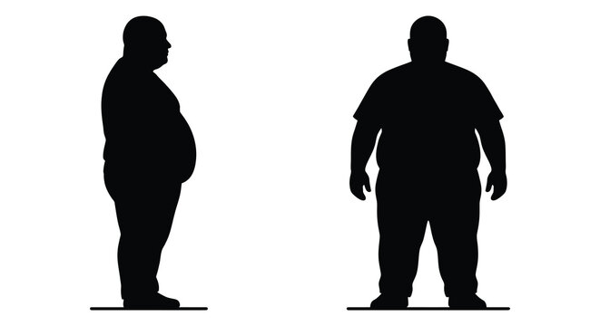 Silhouette of an overweight man in profile and front views against a white background