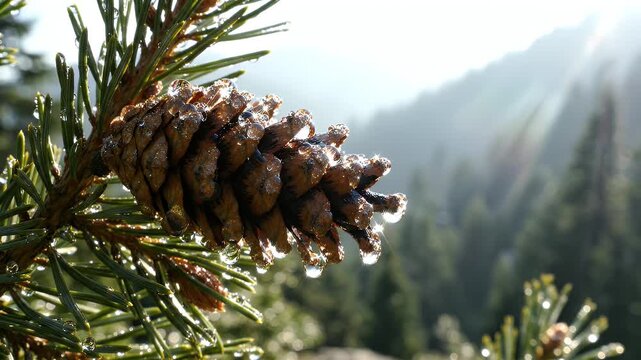 Close-up of a pinecone covered in wet dew drops on a pine tree branch in a mountain forest