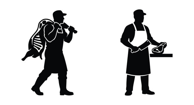 butcher carrying carcass and cutting meat black silhouette on a white background silhouette