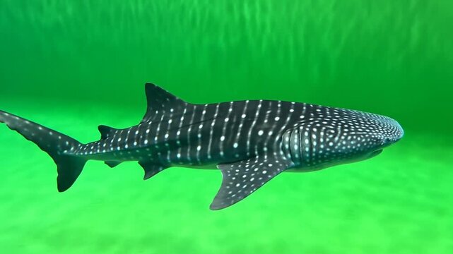 A large whale shark with distinctive white spots swims gracefully in vibrant green underwater environment.