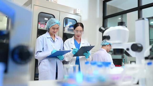 Young scientists conducting research investigations in a medical laboratory, a researcher in the foreground is using a microscope in laboratory for medicine.