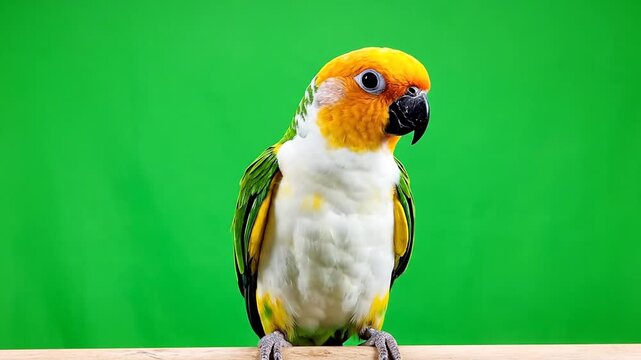 A vibrant sun conure parrot with orange, yellow, and green feathers perched on a wooden stick against a bright green background.