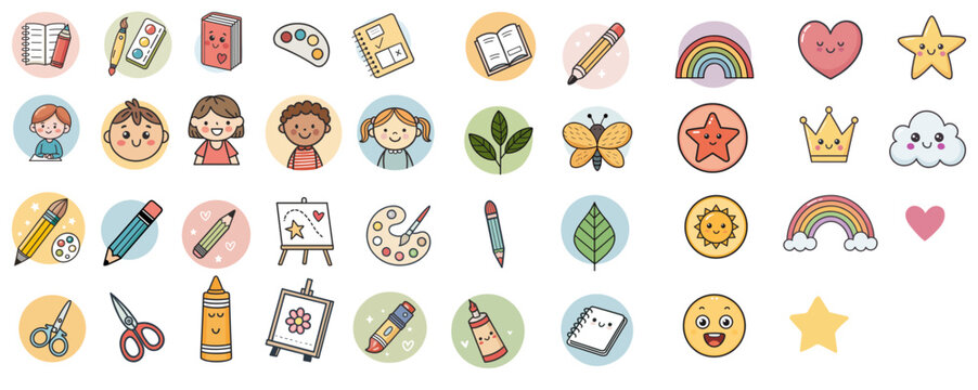 Cute Education and Children's Icons Collection
Cute children's icon collection featuring school supplies, books, pencils, art tools, kids, rainbow, stars, heart, butterfly and nature elements. Perfect