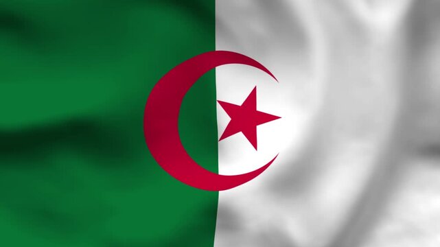 Realistic top-down view of the Algerian flag. Features green and white panels with a red star and crescent on wavy cloth. Ideal for Independence Day, national events, and travel concepts.