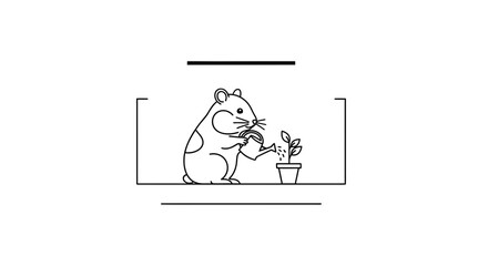 Fototapeta premium Cute Hamster Watering a Small Plant in a Pot, Minimalist Line Art