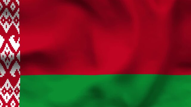 National flag of Belarus on wavy cloth. Red and green bars with the decorative vertical ornament. Professional top-down view for national events, history, and cultural projects.