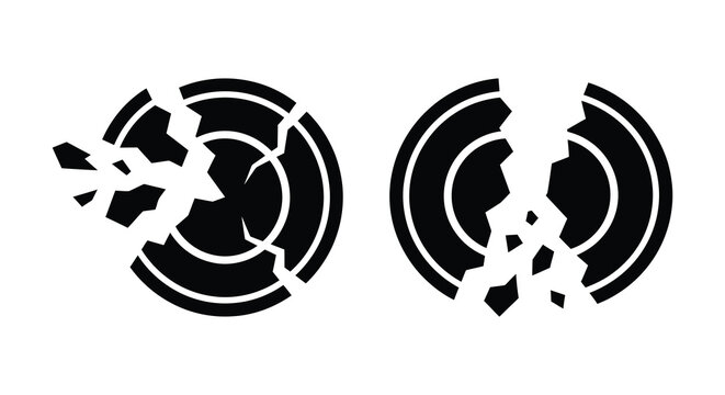broken circle shapes with shattered fragments black and white silhouette