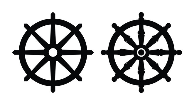 two dharma wheel silhouettes against a white background buddhist symbol of the eightfold path silhouette