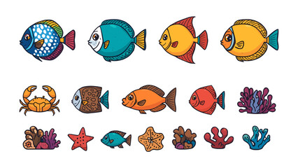 Obraz premium Colorful Marine Life Collection: A vibrant assortment of hand-drawn cartoon sea creatures and aquatic plants, featuring various fish, a crab, starfish, and coral formations.