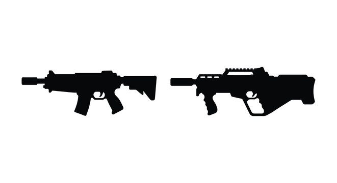 Two assault rifle silhouettes against a plain white background black weapon shapes silhouette