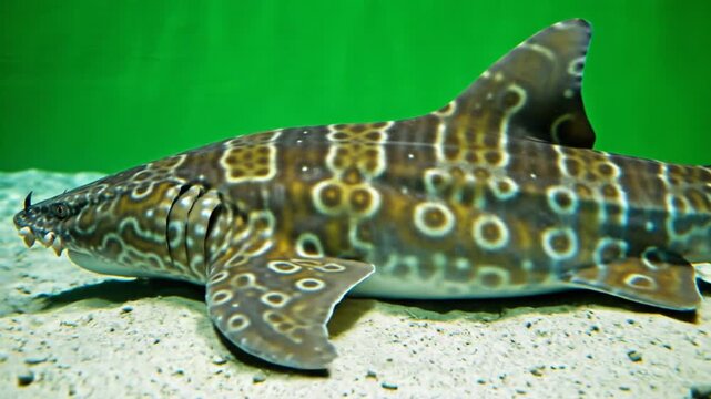 A close-up side view of a brown and white patterned shark resting on a sandy seabed in an aquarium with a green background.