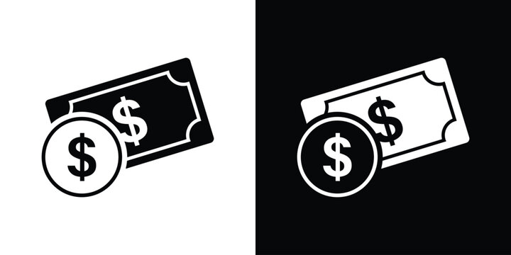 Cash money payment icon showing dollar banknotes bills stacked with a currency coin symbol. Financial wealth, investment profit, and banking transaction vector graphic.