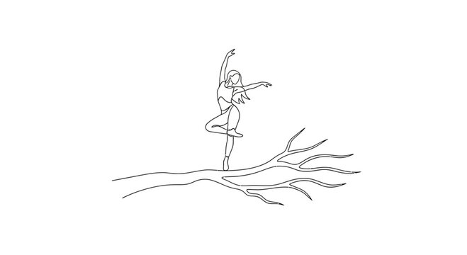 Graceful ballerina dancing on a tree branch, minimalist line art