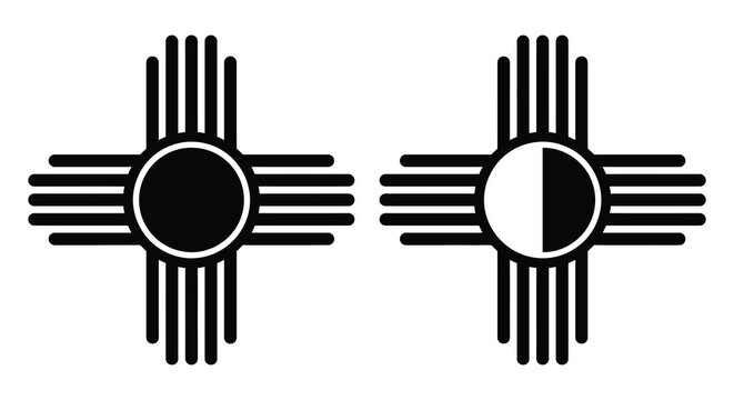 new mexico state flag symbols with sun and moon designs black and white silhouette