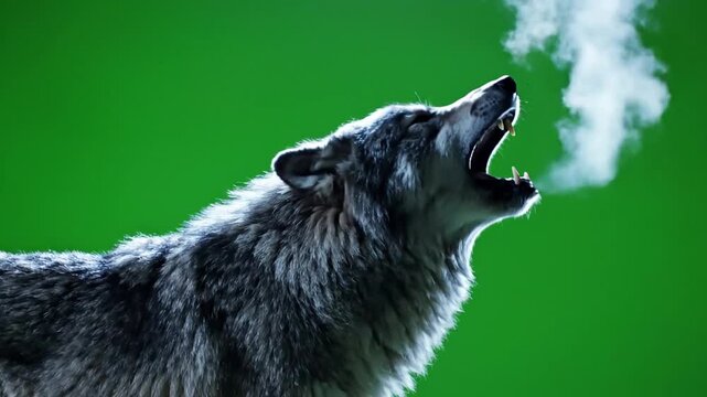 A majestic grey wolf howls into the cold air, its breath visible as steam against a vibrant green background.