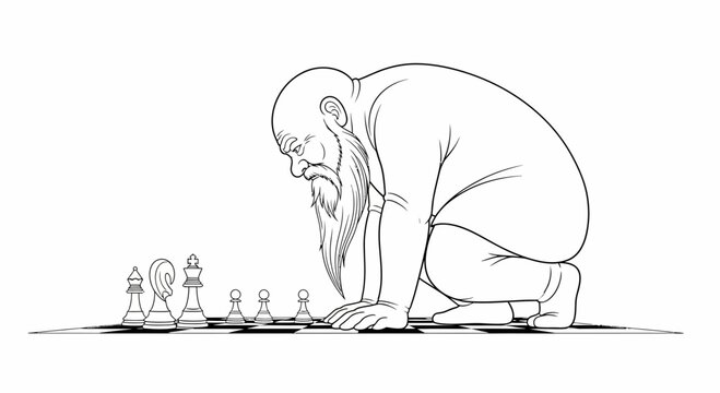 Giant bald man with beard playing chess on a chessboard