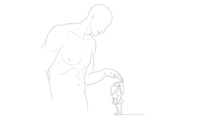 Obraz premium Giant human hand gently touching tiny gnome, symbolizing scale difference and fantasy