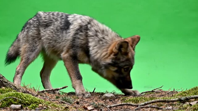Young wolf-like animal sniffing the ground in a studio with a green screen background.
