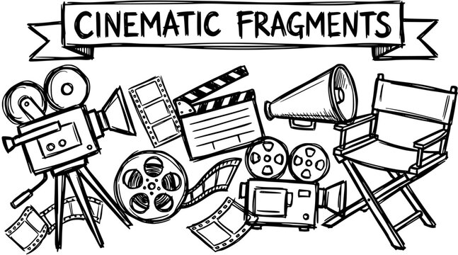 Black and White Line Art of Cinematic Fragments with Film Equipment and Director's Chair