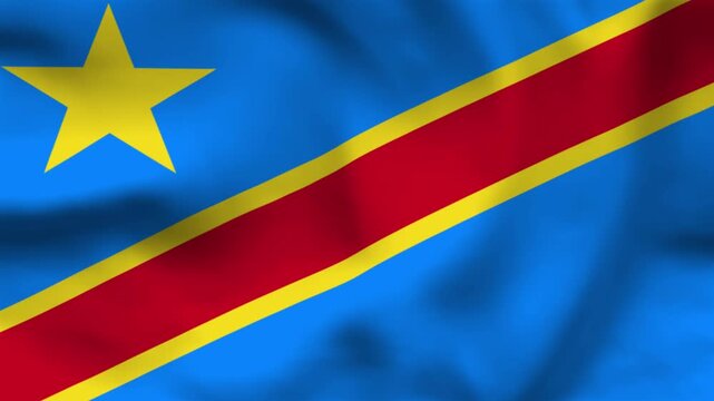 National flag of Republic of the Congo on wavy cloth. Features green, yellow, and red diagonal bands. High-quality top-down view for African history and patriotic celebrations.