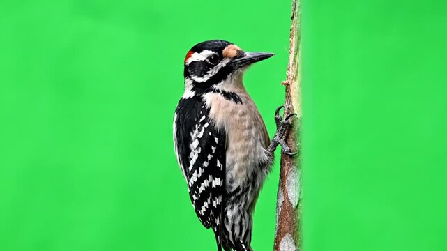 A close-up shot of a small black and white downy woodpecker perched on a thin tree branch against a vibrant green background.