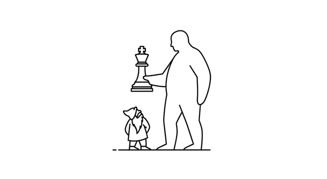 Giant Man holding Chess King piece over tiny Gnome, symbolizing power, strategy, and size difference.