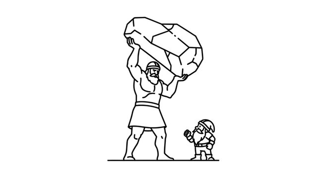 Giant Man Lifts Huge Rock Next to Tiny Gnome, Strength Contrast