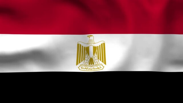 National flag of Egypt on wavy cloth. Features red, white, and black horizontal bands with a central gold eagle. High-quality top-down shot for Middle Eastern news, history, and national events