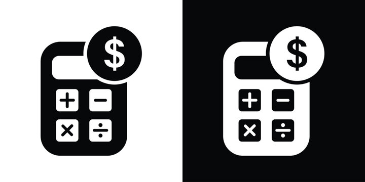 Financial accounting calculator icon with a dollar coin symbol. Vector graphic for budget calculation, financial math, taxes, accountancy, and profit analysis.