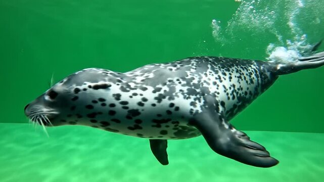 A spotted harbor seal swims gracefully underwater in a vibrant green aquatic environment, showcasing its sleek form.