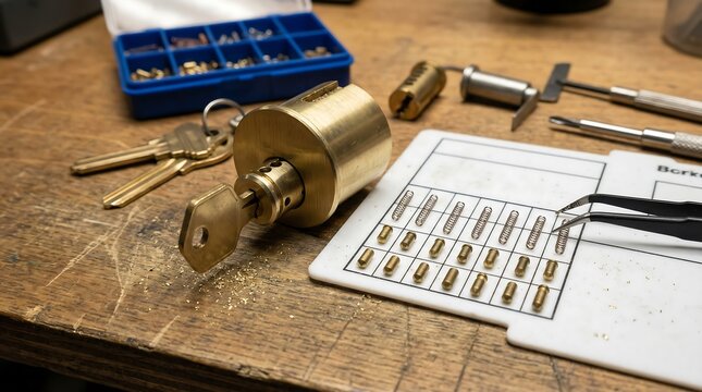 Brass lock cylinder being rekeyed with a key inserted and organized pins spread out on a white pinning tray during a professional locksmith service project on a worn wooden workbench