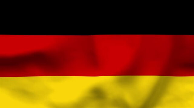 National flag of Germany on wavy cloth. Features black, red, and gold horizontal bands. Professional top-down shot for European themes, national holidays, and news
