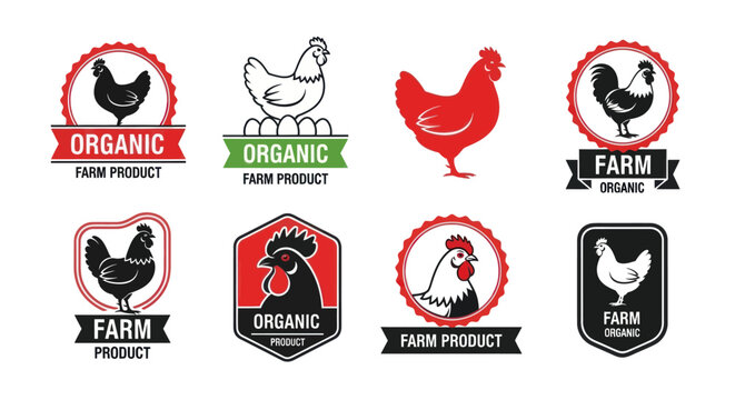 A collection of farm animal logos featuring chickens and organic certifications.