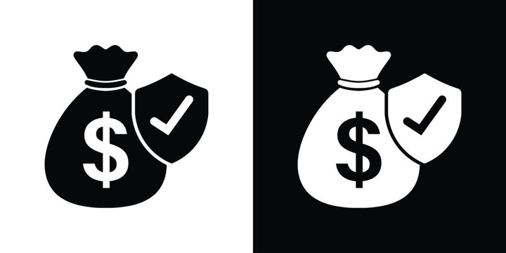 Financial protection icon showing a dollar money bag secured by a shield with a checkmark. Ideal for secure savings, insurance, protected investment, and banking safety.