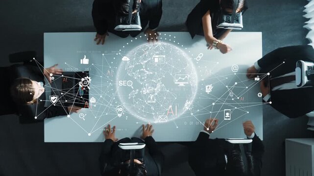 A diverse team engages in a virtual reality project in a modern office, showcasing global data visualization and digital marketing strategies, highlighting collaboration and innovation. Raster
