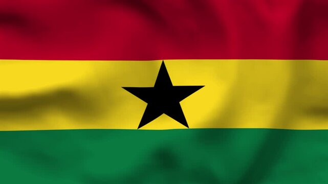 National flag of Ghana on wavy cloth. Features horizontal red, yellow, and green bars with a central black star. Top-down view for African pride and independence day events