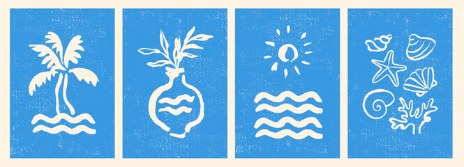 Set of summer wall art compositions. Naive hand drawn style. Exotic, coastal, sea, ocean funky design elements. Palm, waves, exotic leaves, sun, seashells. Poster, card design. © olechkaart