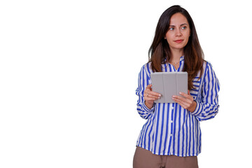 Fototapeta premium Woman holding digital tablet and looking away, thinking about innovation, technology, business strategy, and information