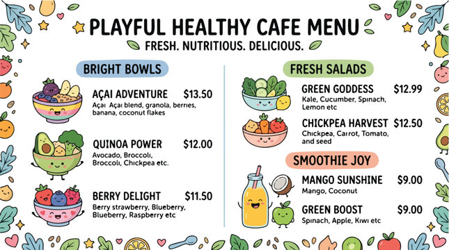 Playful Healthy Cafe Menu Featuring Bowls Salads and Smoothies.