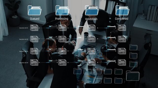 A modern office scene illustrating the workflow process, showcasing the stages of task completion and collaboration among professionals in a sleek environment. Raster