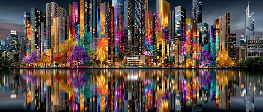 A futuristic city of the future, with skyscrapers whose facades are adorned with vibrant vertical gardens featuring colourful trees reflected in the water, provides an inspiring backdrop  