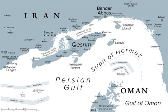 Qeshm, largest island of Iran, gray political map. Located in the Strait of Hormuz of the Persian Gulf, separated from mainland by the Clarence Strait, opposite the port city Bandar Abbas. Vector